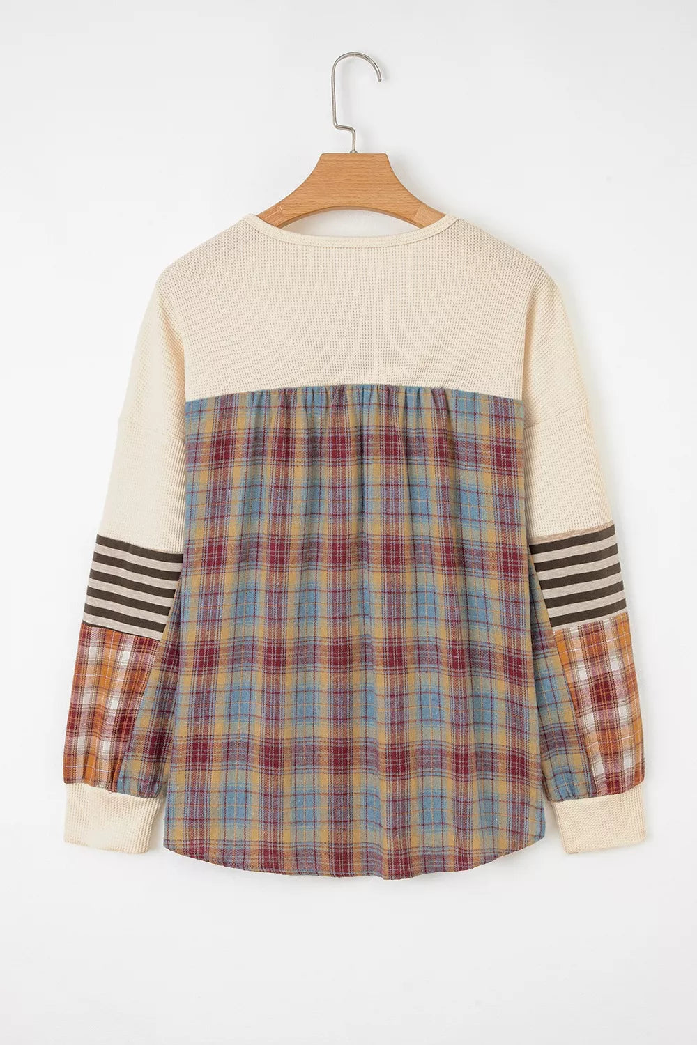 Waffle Knit Plaid Patchwork Long Sleeve Blouse