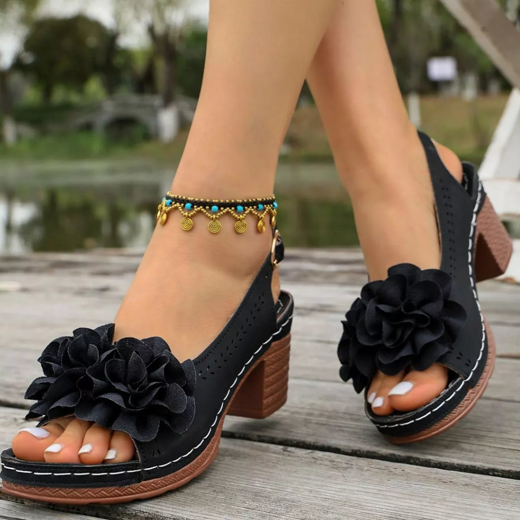 Floral Decor Chunky Heel Sandals