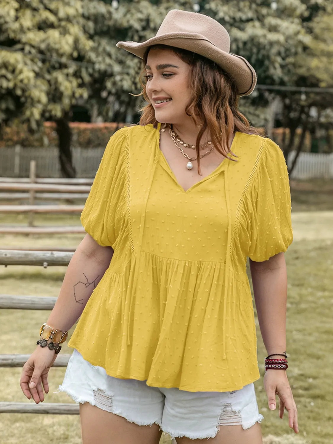 Swiss Dot Tie Neck Short Sleeve Blouse