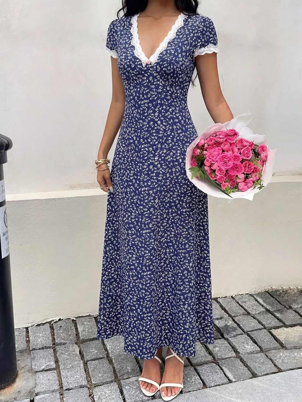 Floral Print Lace Trim Maxi Dress