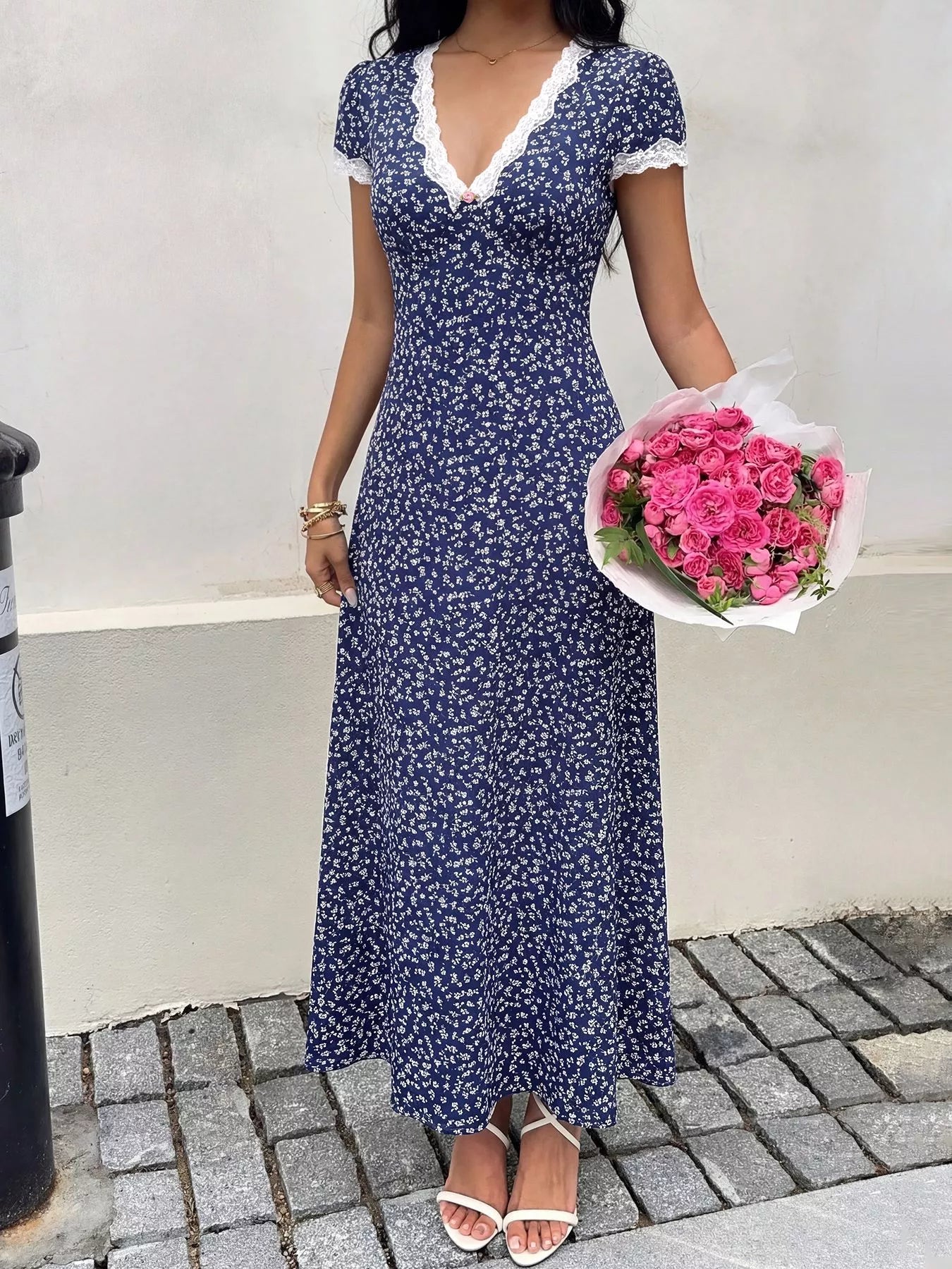 Floral Print Lace Trim Maxi Dress