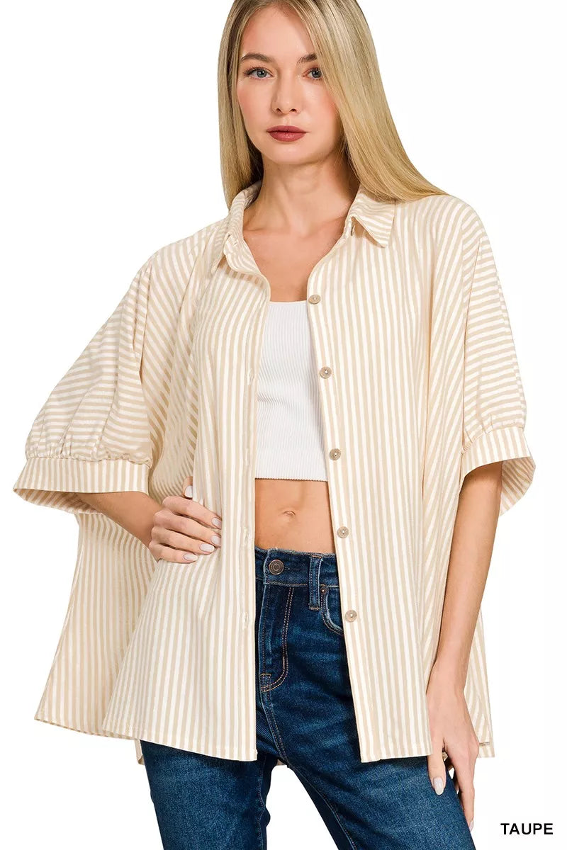 Zenana Oversized Stripe Button Down Shirt