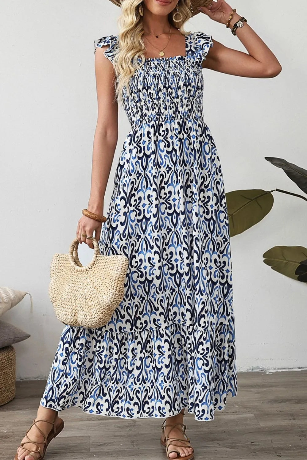 Smocked Printed Square Neck Dress