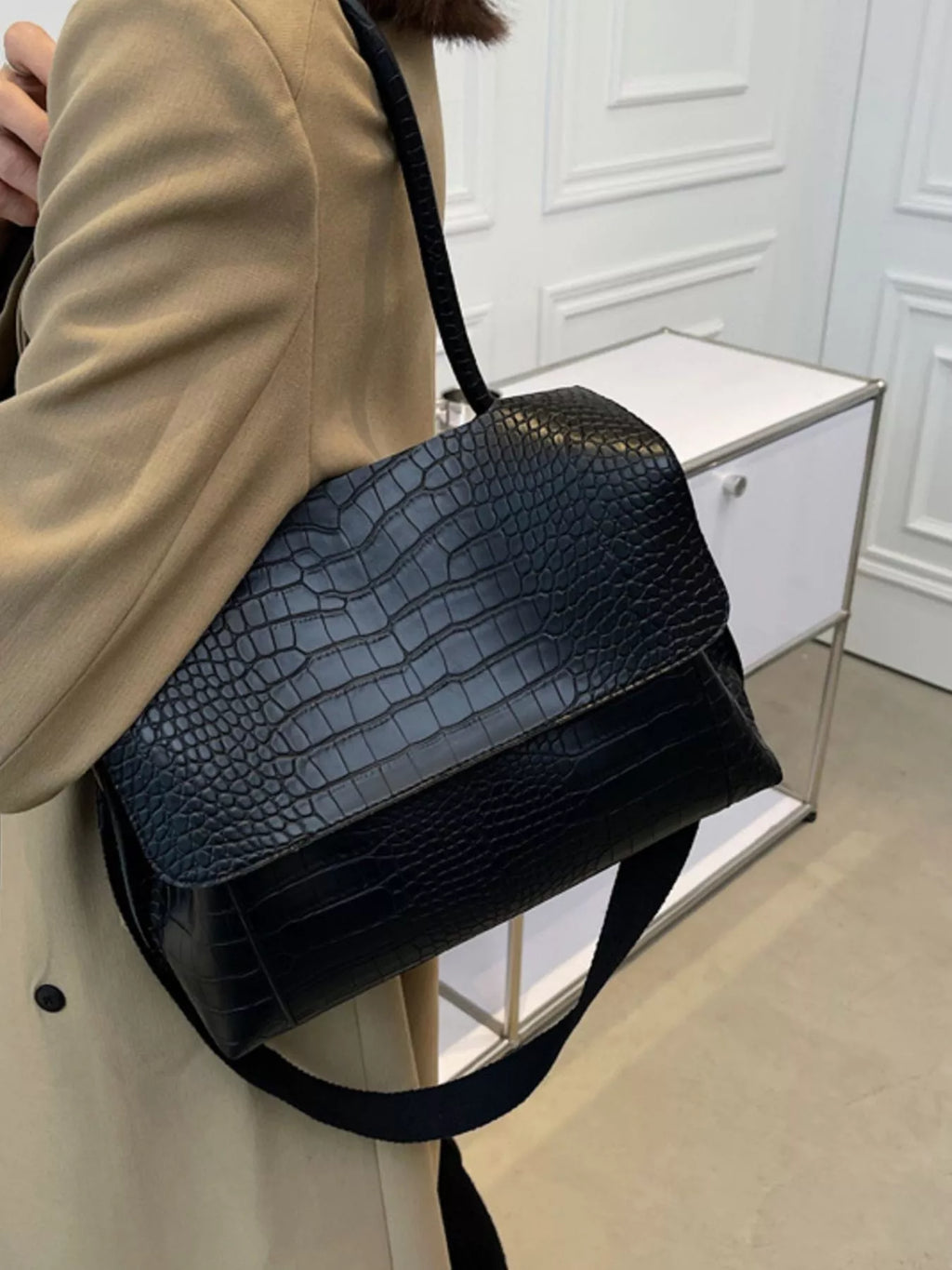 Crocodile Embossed Flap Shoulder Bag