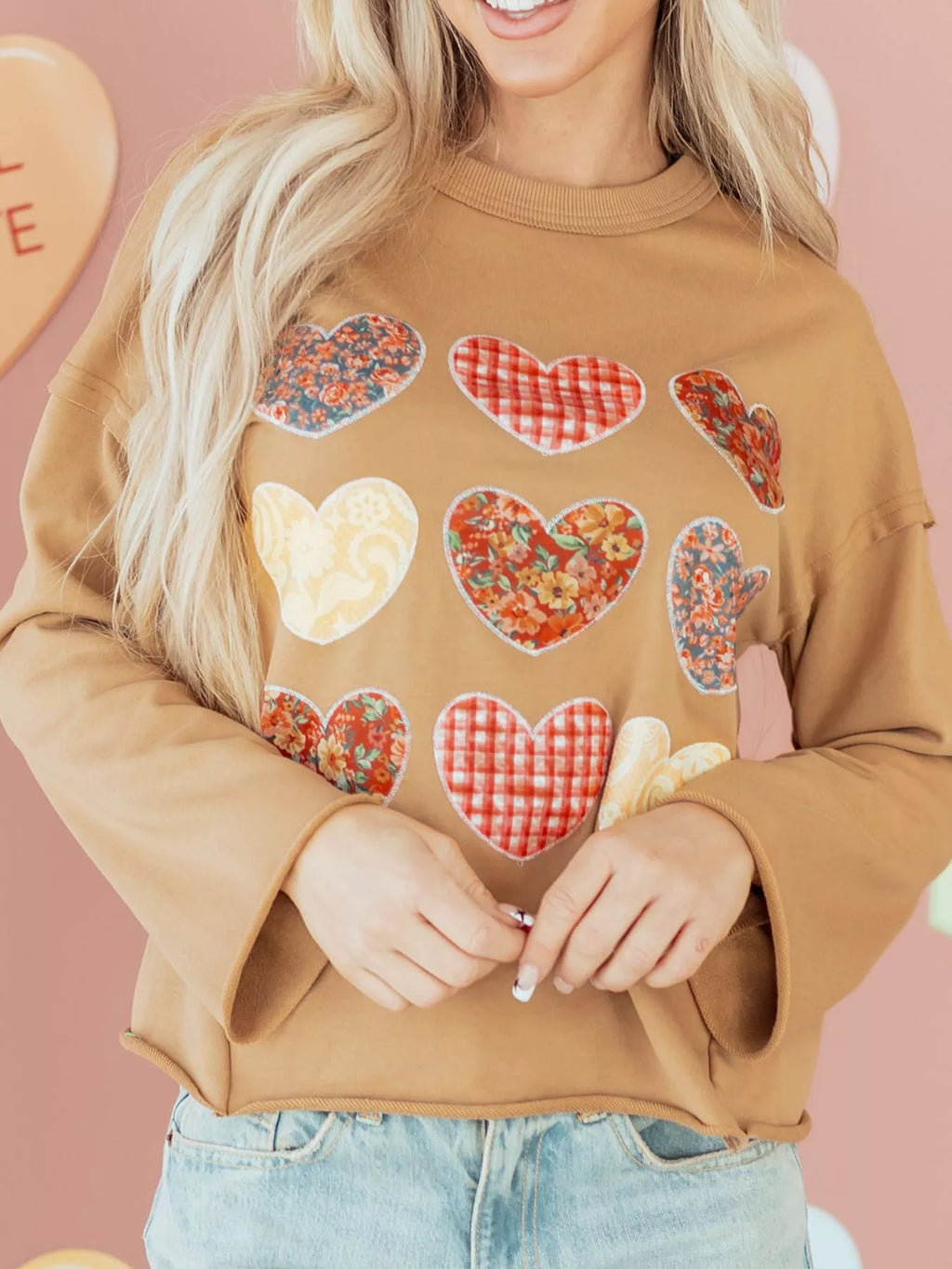 Plaid Floral Heart Stitched Exposed Seam Mineral Wash Sweatshirt