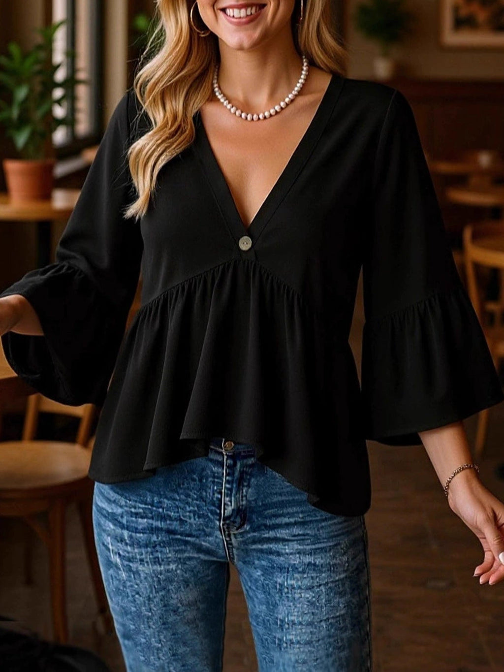 V-Neck Flounce Sleeve Blouse