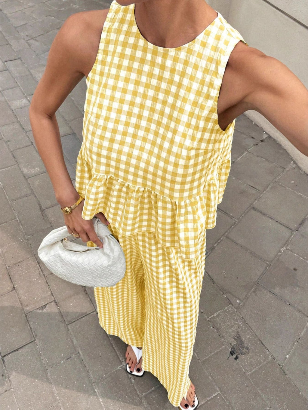 Gingham Sleeveless Top and Wide-Leg Pants Set