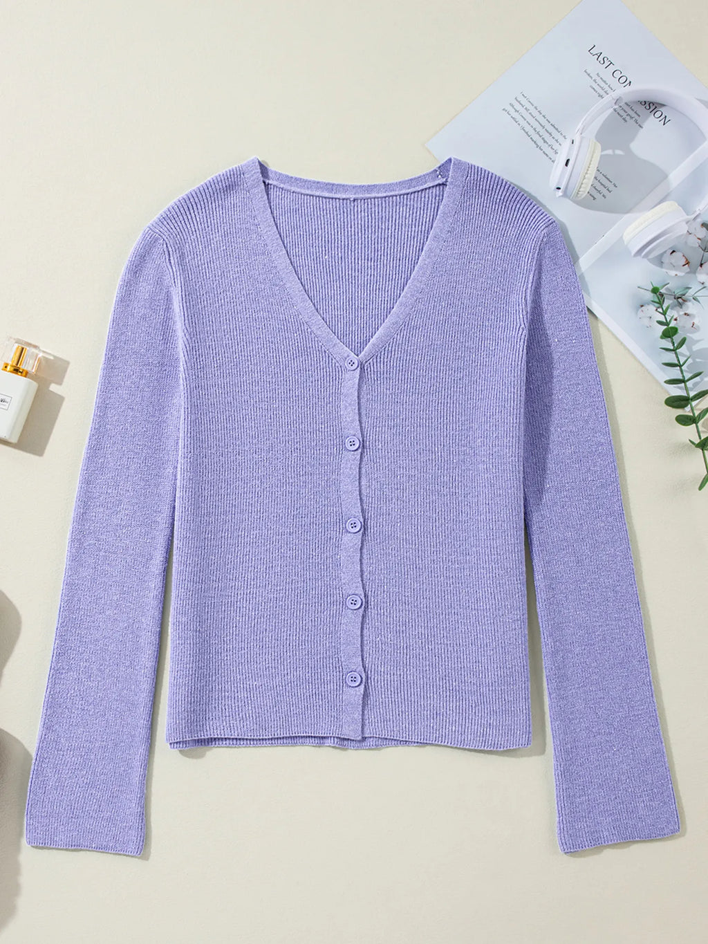 Ribbed Knit Button Front V Neck Cardigan
