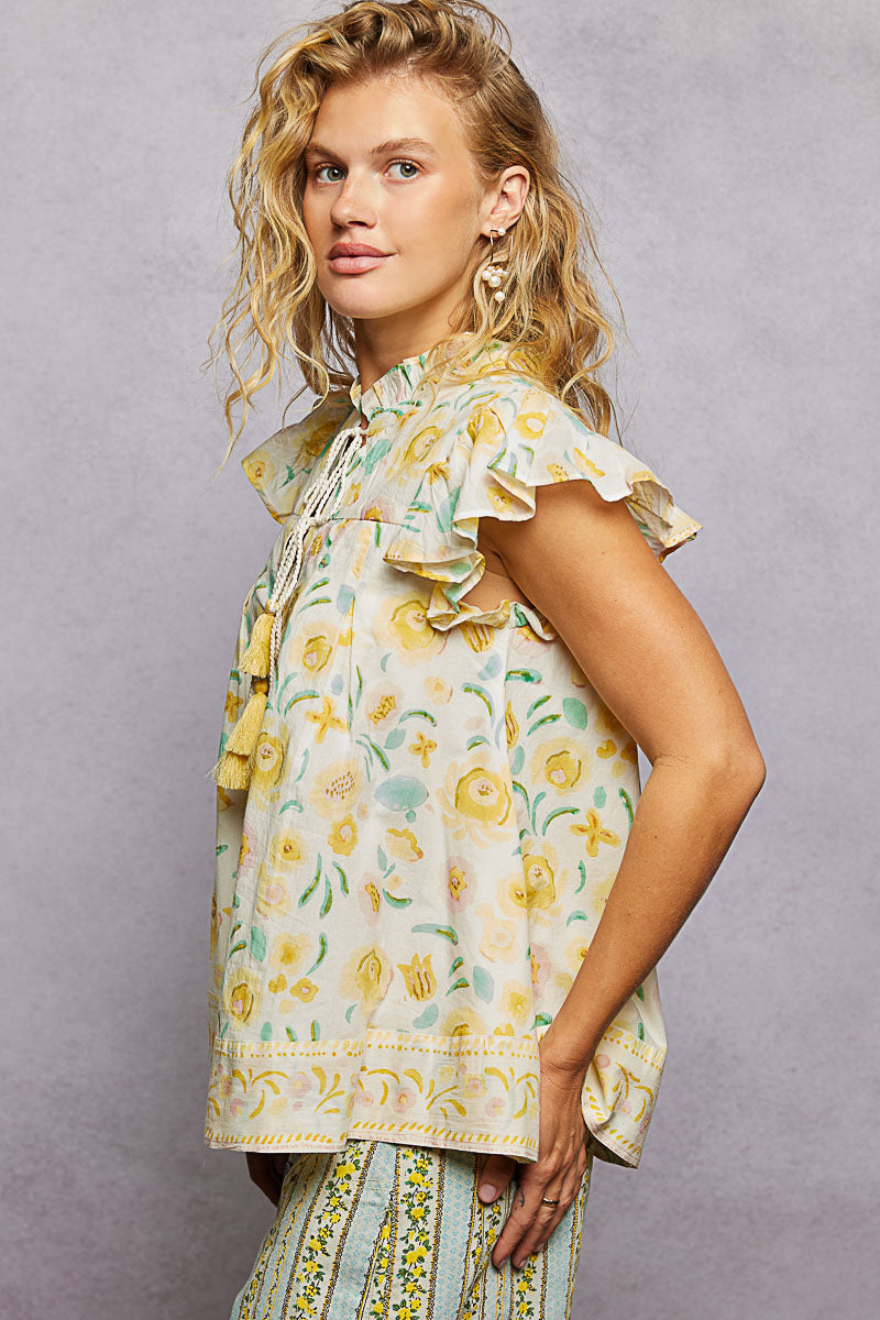 POL Tassel Tied Floral Flutter Sleeve Blouse