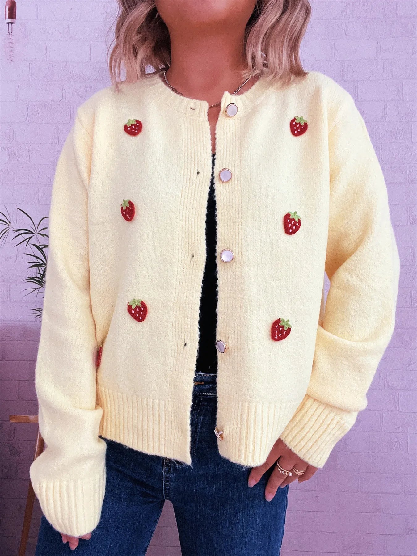 Strawberry Button Up Long Sleeve Cardigan
