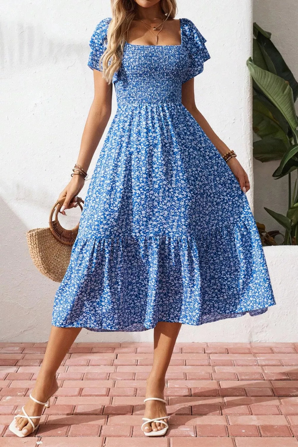 Ditsy Floral Print Smocked Square Neck Ruffle Short Sleeve Dress