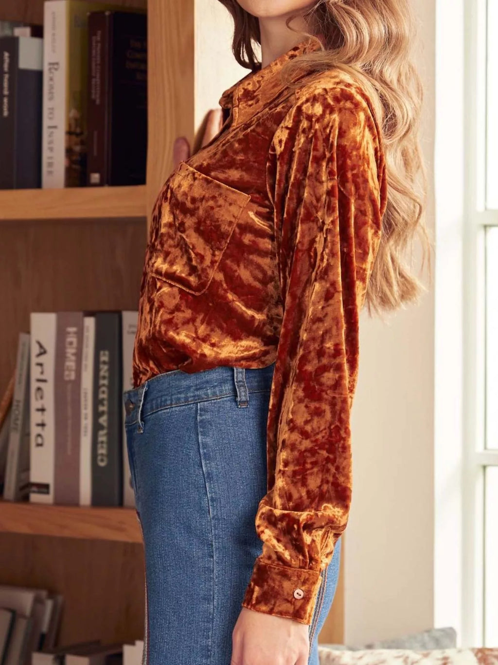 Velvet Button-Down Long Sleeve Shirt