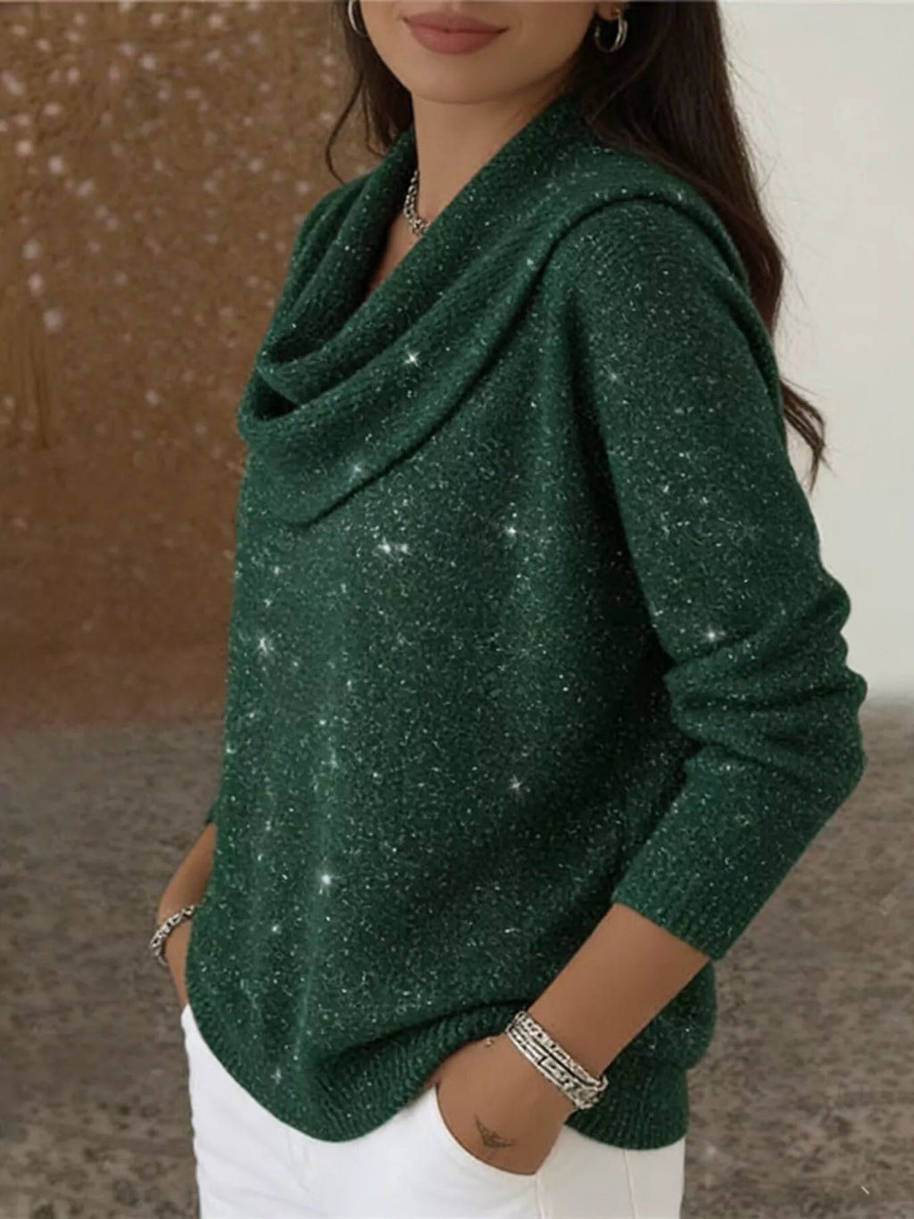 Full Size Glitter Cowl Neck Long Sleeve Sweater Plus Size