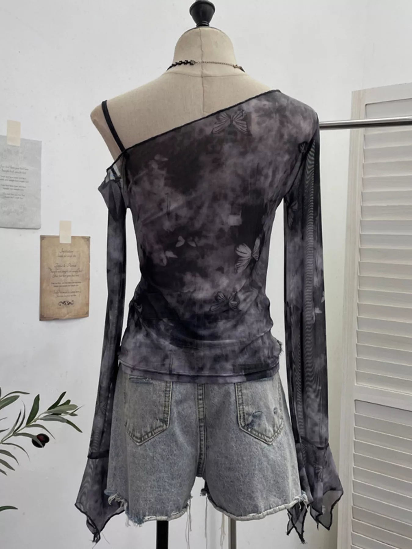 Asymmetrical Neck Denim Patchwork Top