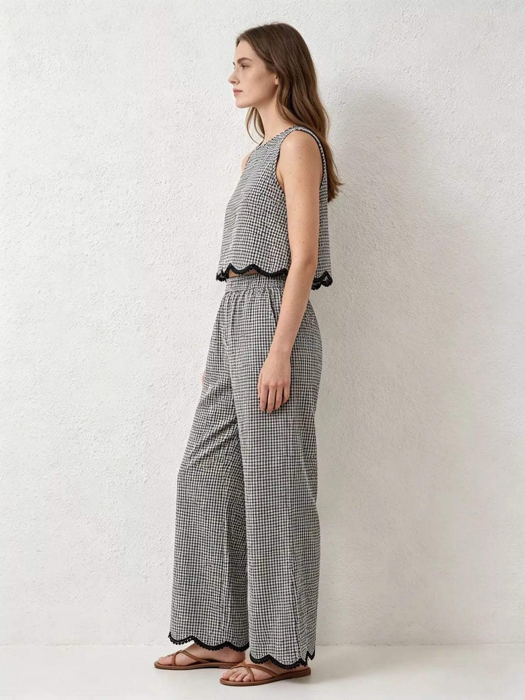 Plaid Scalloped Trim Tank and Pants Set