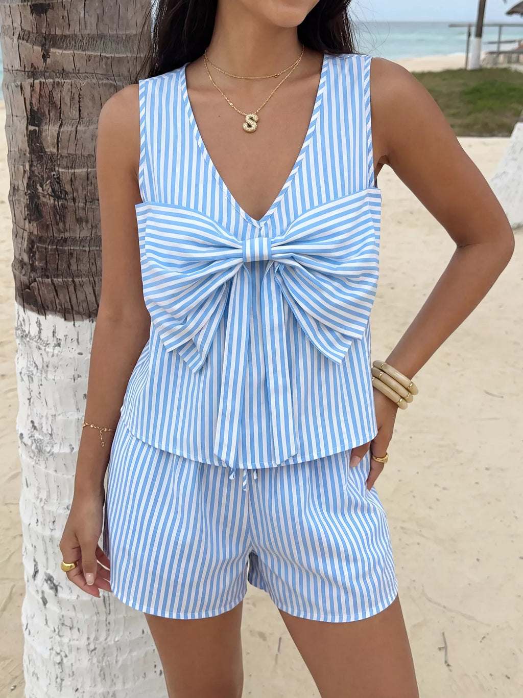 Striped Bowknot Sleeveless Top & Shorts Set