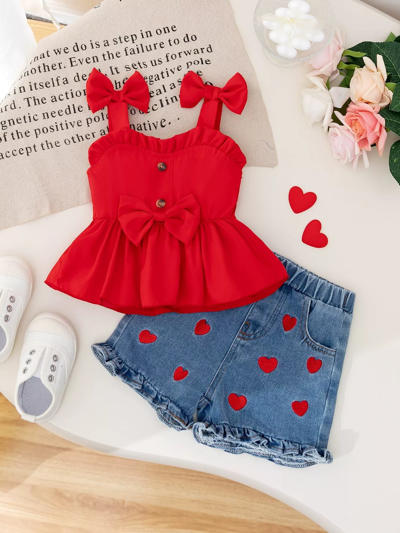 Children's Bowknot Top & Heart Denim Shorts Set