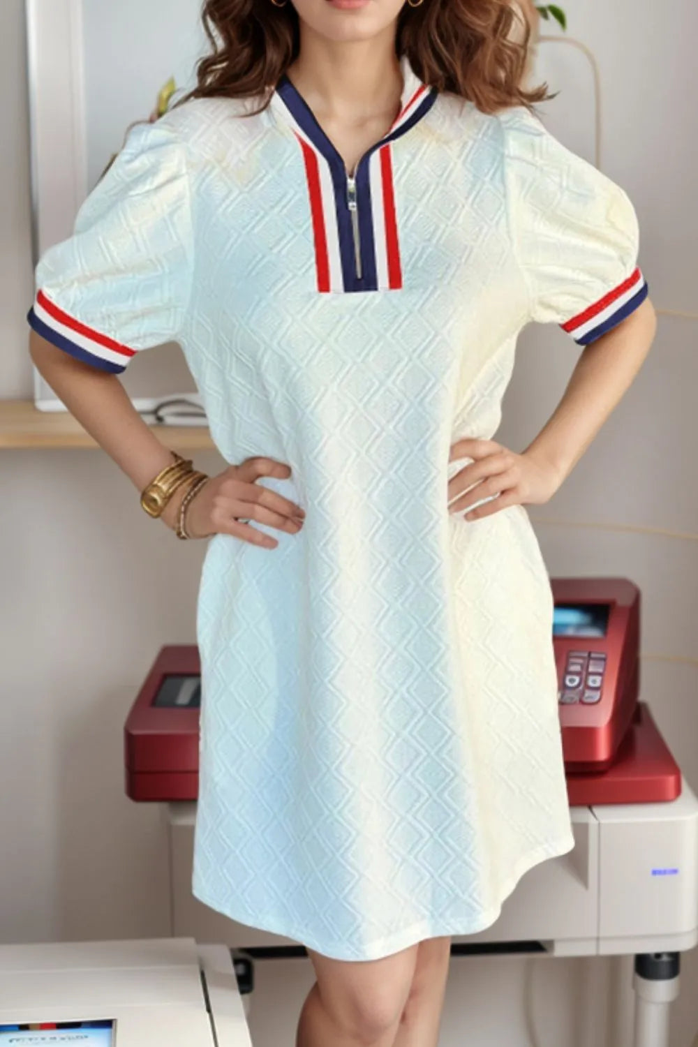 Striped Collared Zip Up Textured Dress