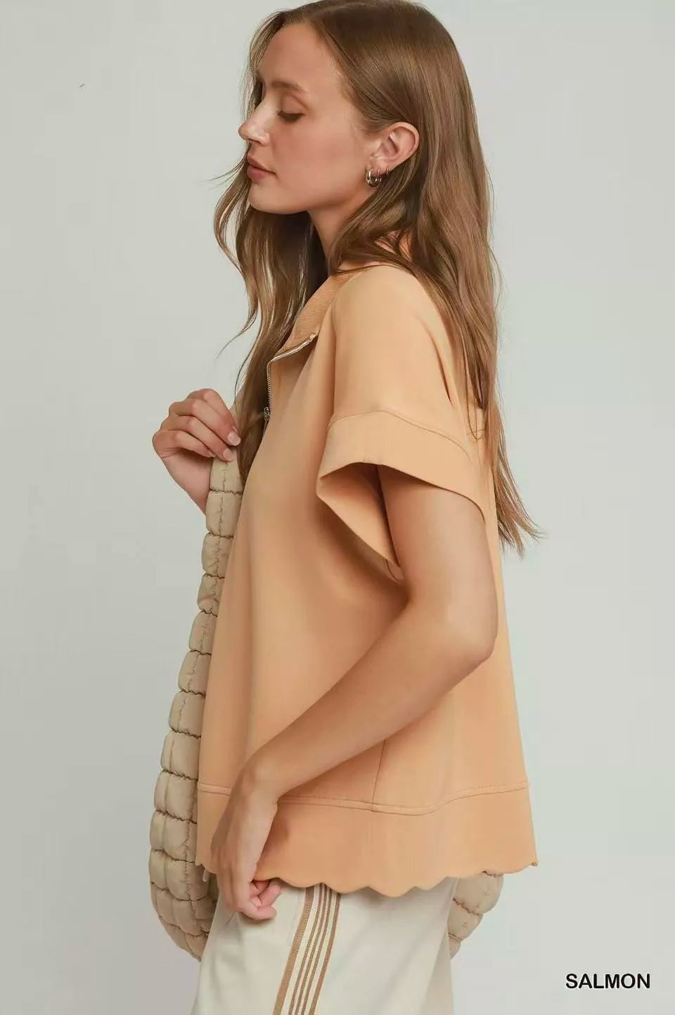 Umgee Half Zip Pullover with Scalloped Edge Hem