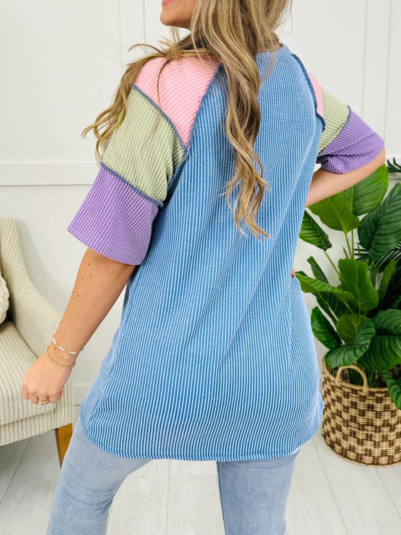 Twisted Rib Color Block Patchwork Short Sleeve Henley Top