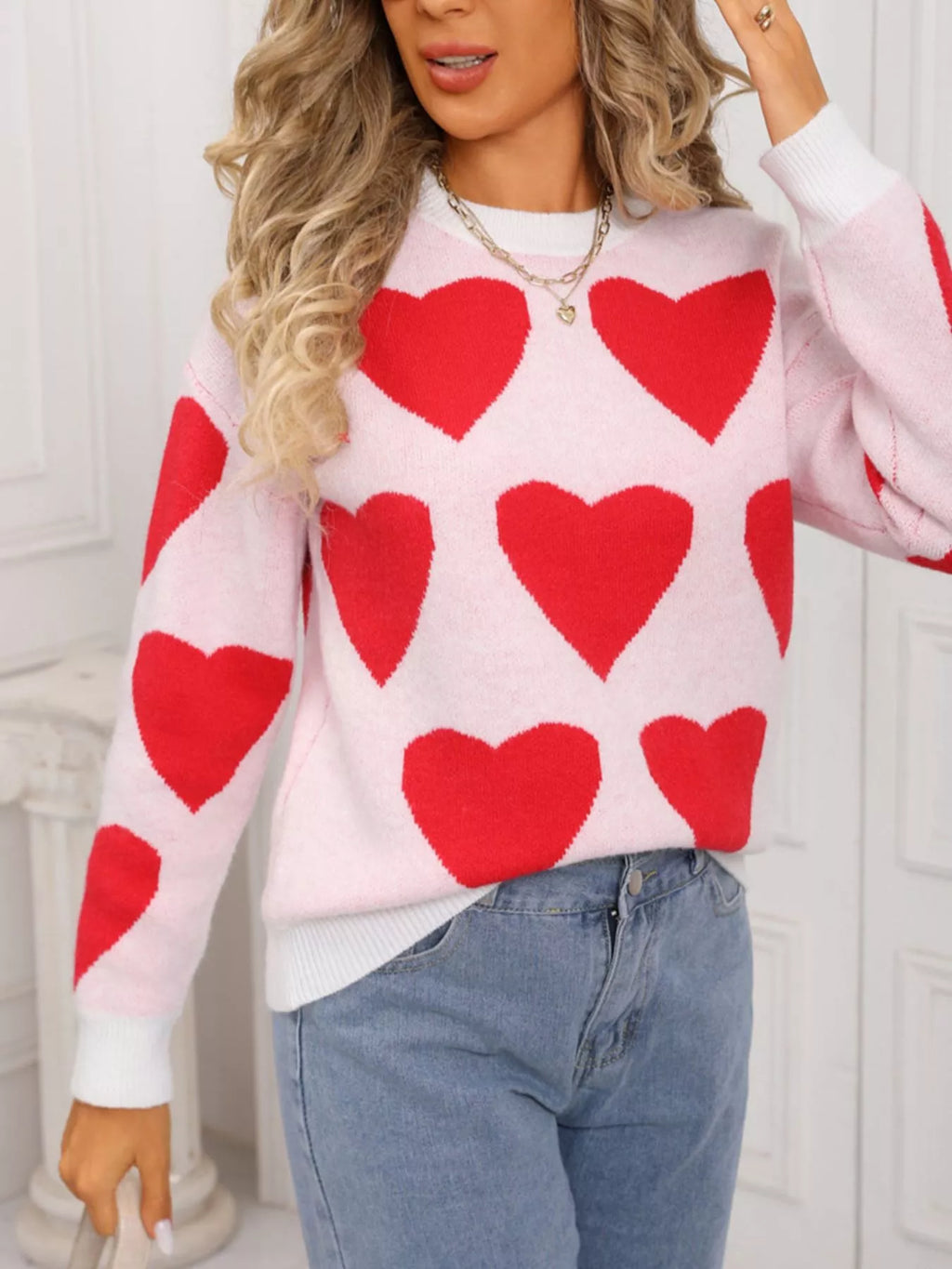 Valentine's Day Heart Round Neck Knitted Sweater