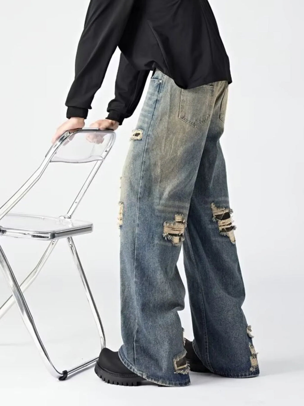 Men's Ripped Wide Leg Jeans