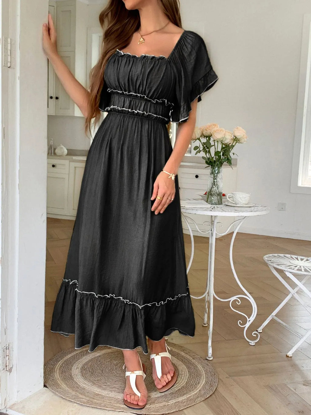 Square Neck Puff Sleeve Ruffle Trim Maxi Dress