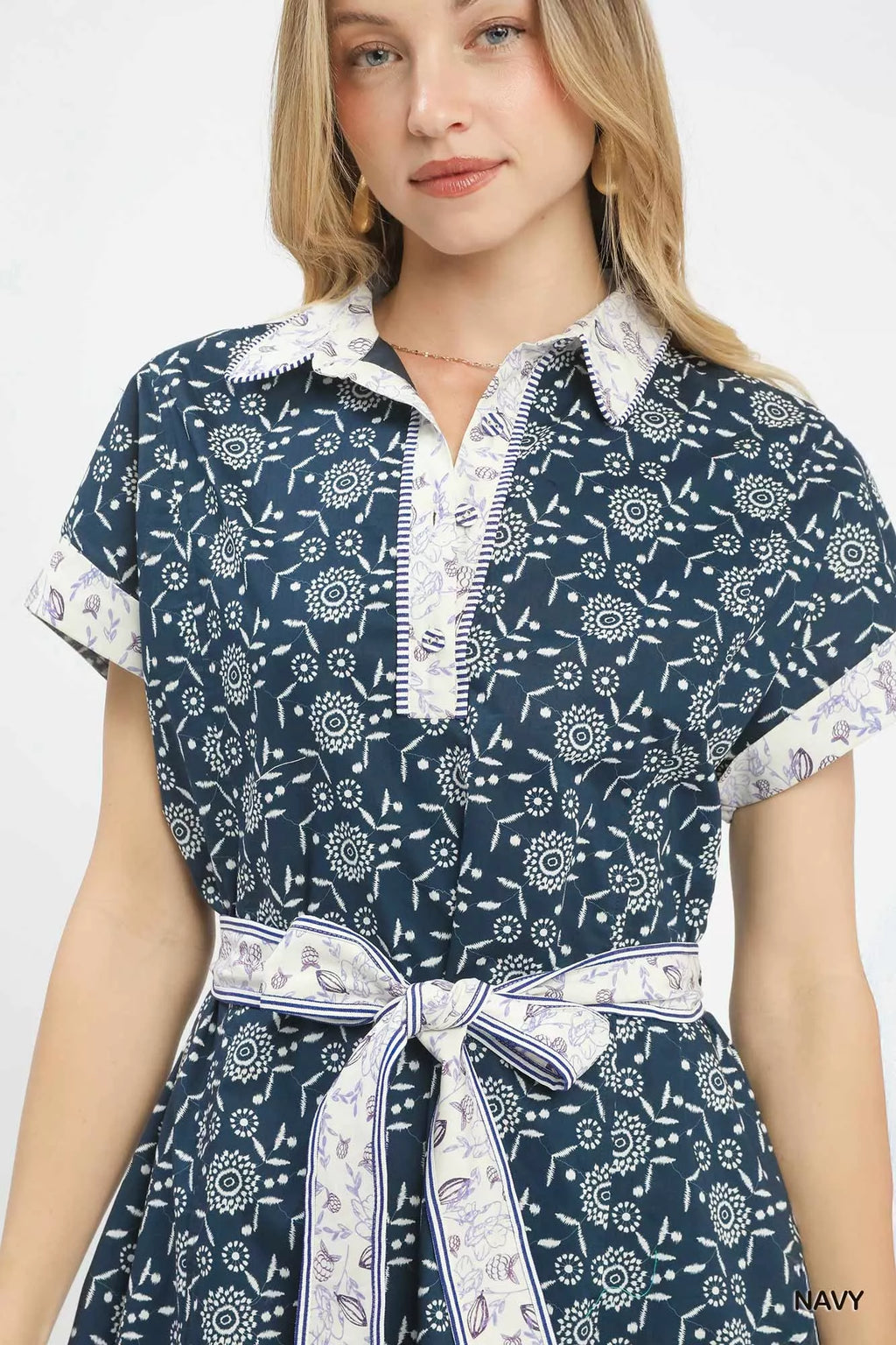 Umgee Border Print Belted Shirt Dress