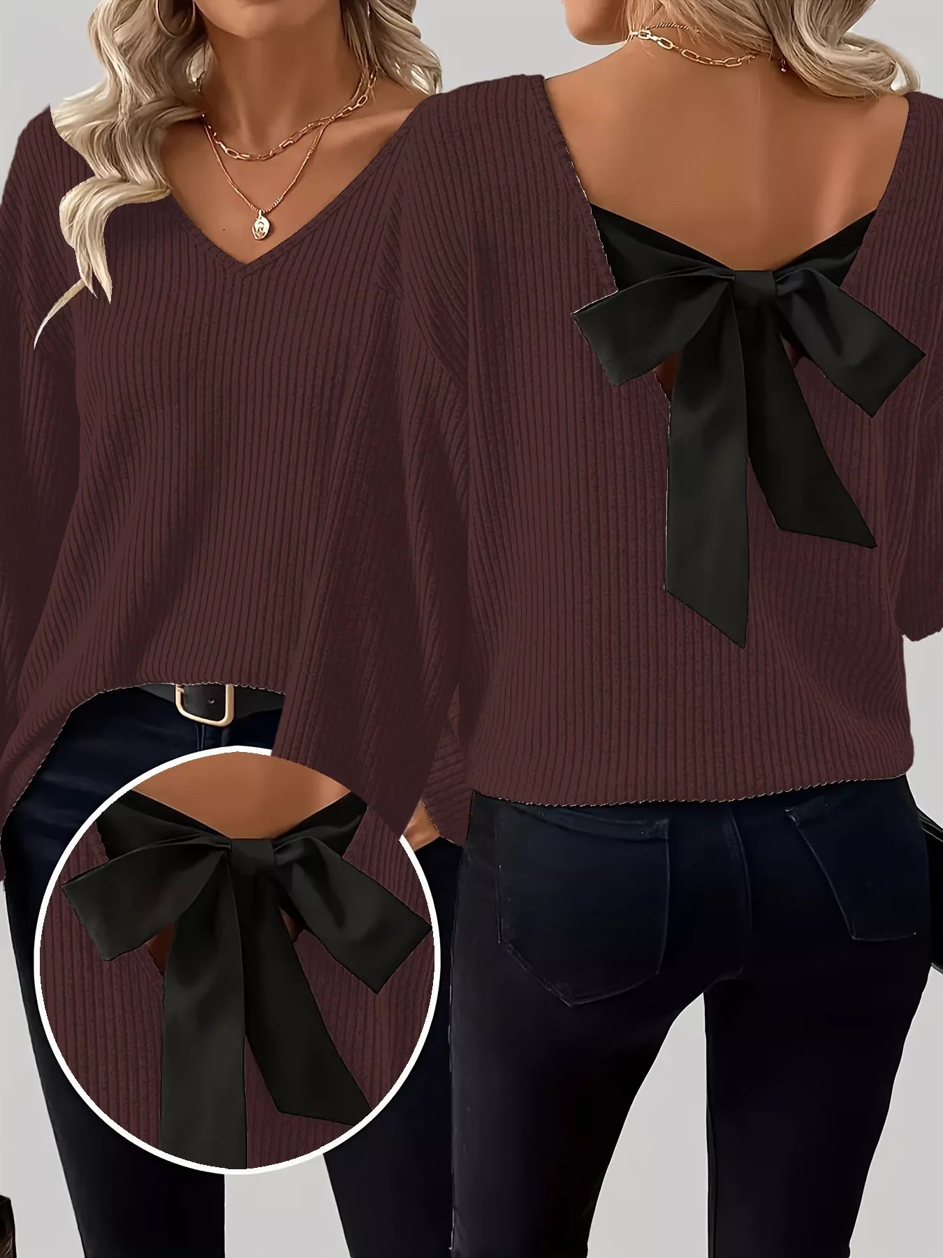 Full Size Ribbed Knit Backless Bow T-Shirt Plus Size
