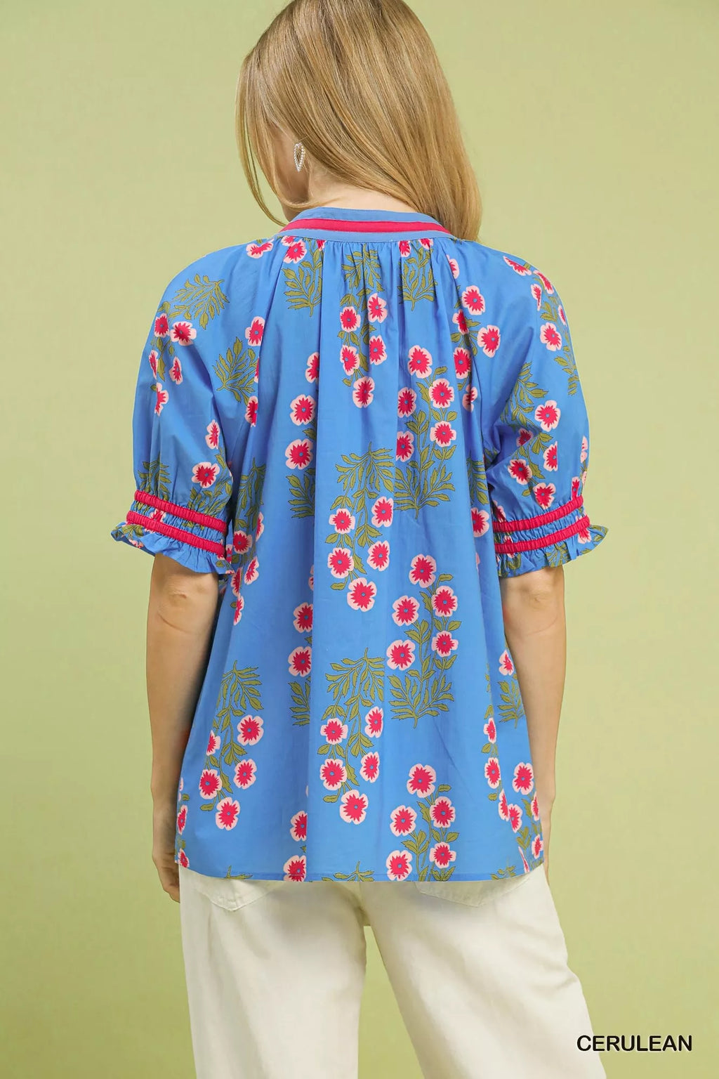 Umgee Floral V-Neck Puff Sleeve Top
