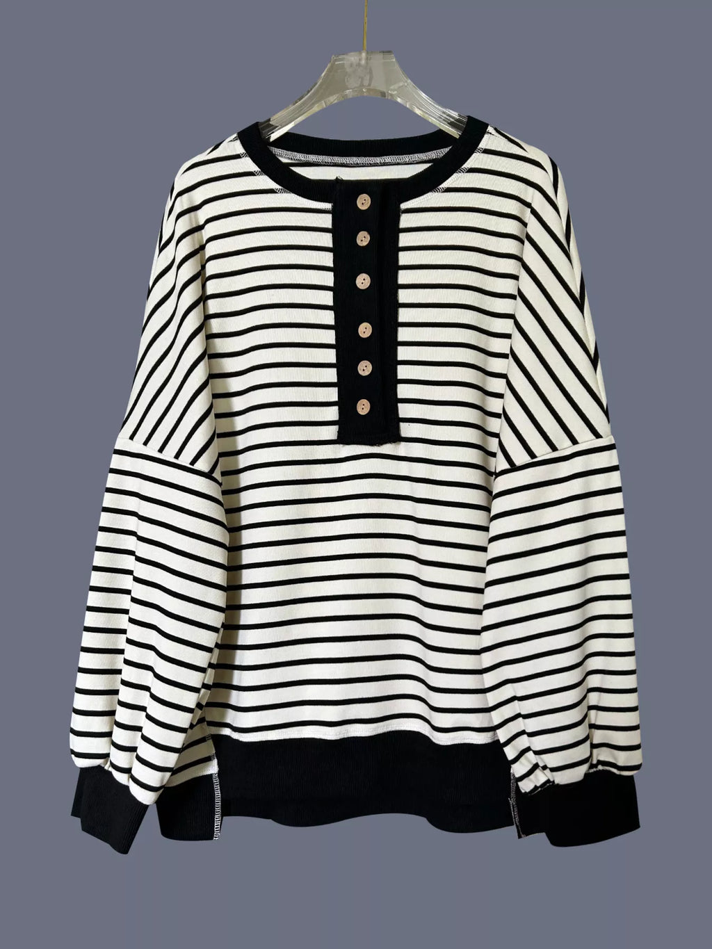 Striped Button Detail Casual Sweatshirt