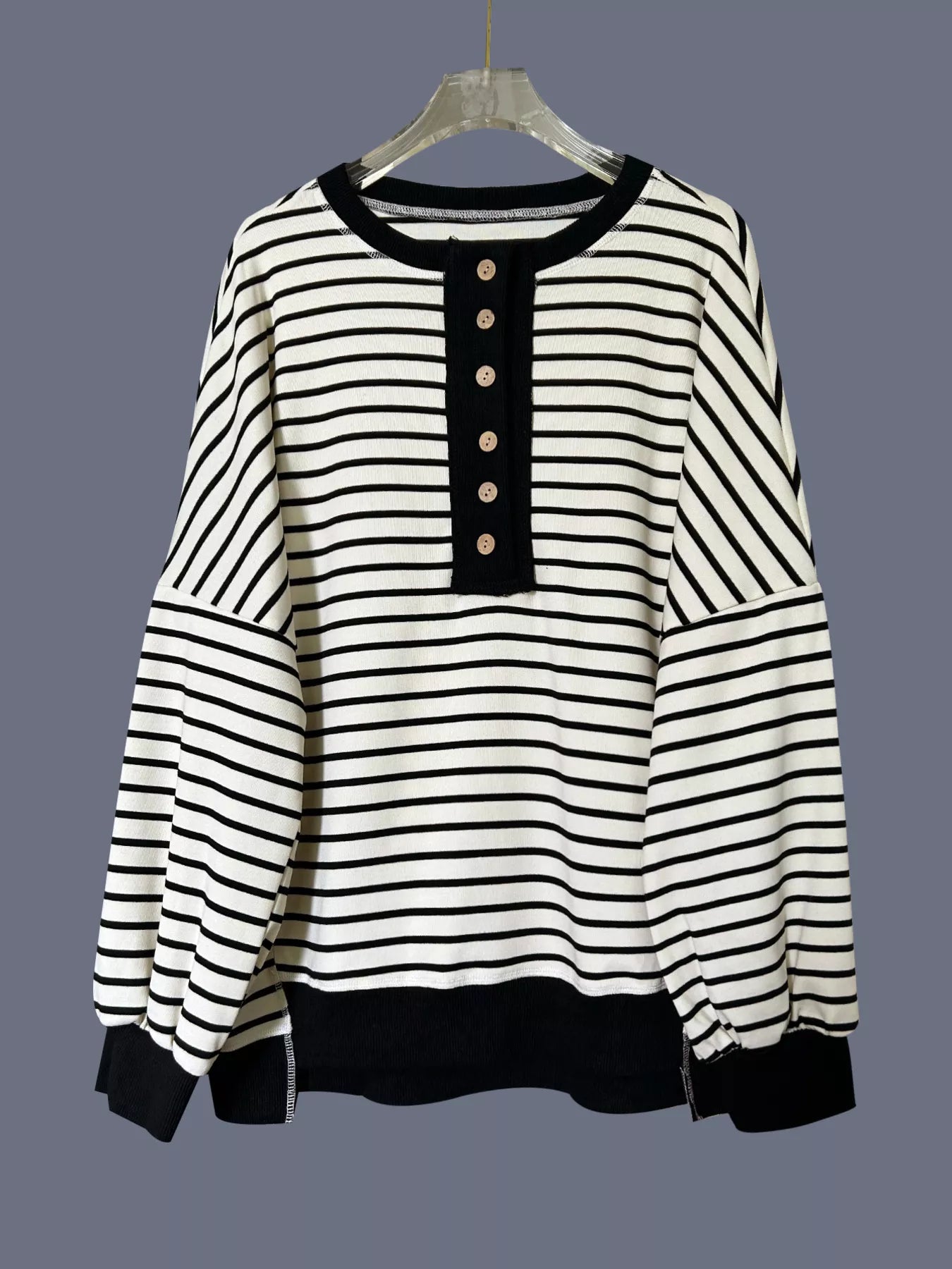 Striped Button Detail Casual Sweatshirt