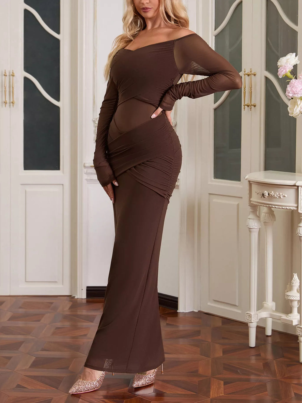 Off-Shoulder Ruched Mesh Long Sleeve Maxi Dress