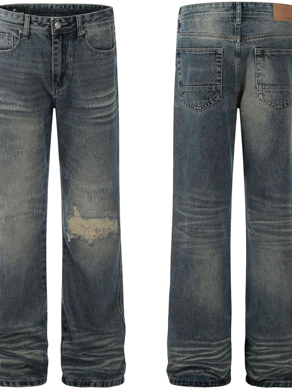 Men's Cat's whisker Washed Distressed Straight Jeans