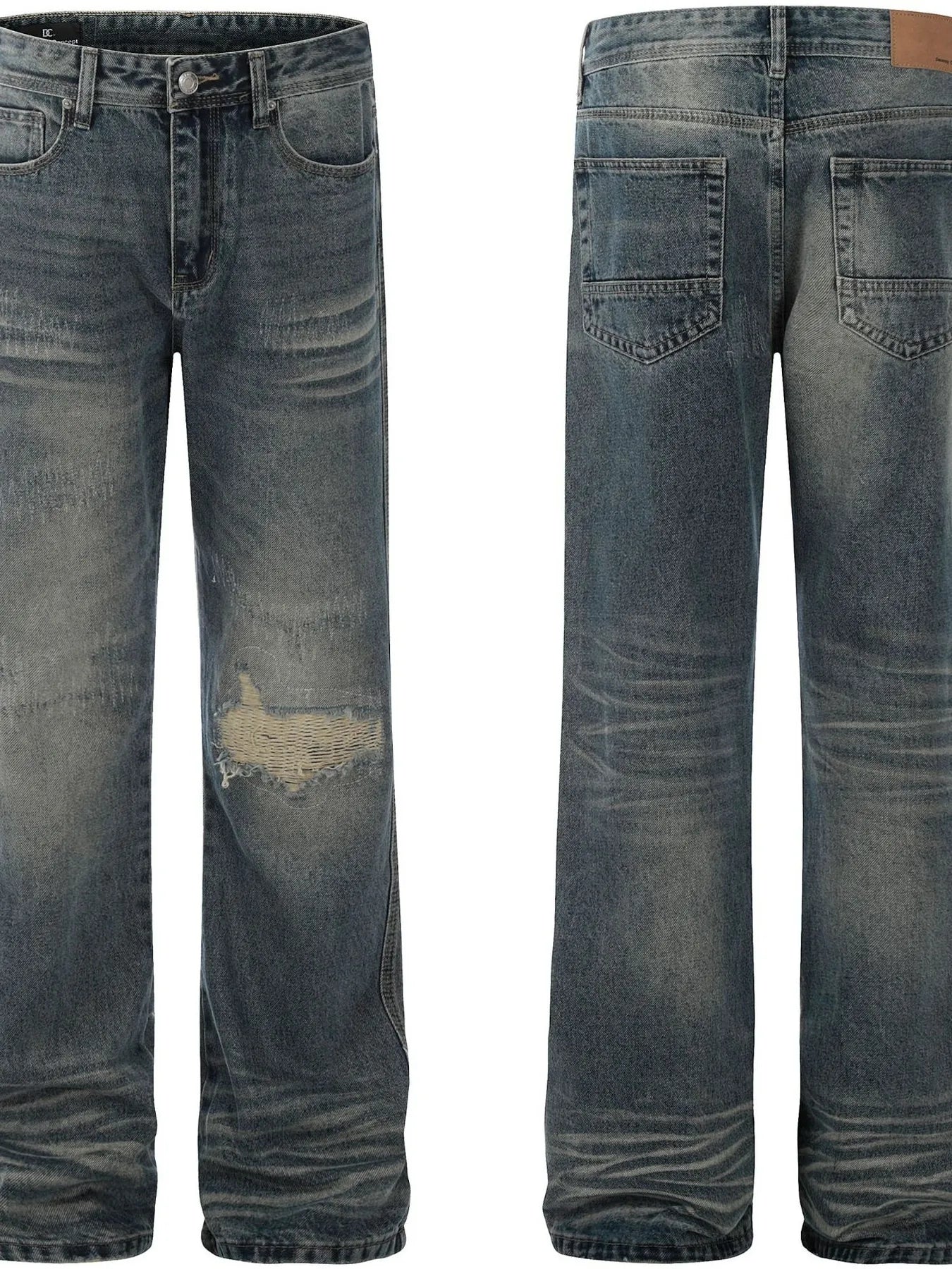 Men's Cat's whisker Washed Distressed Straight Jeans