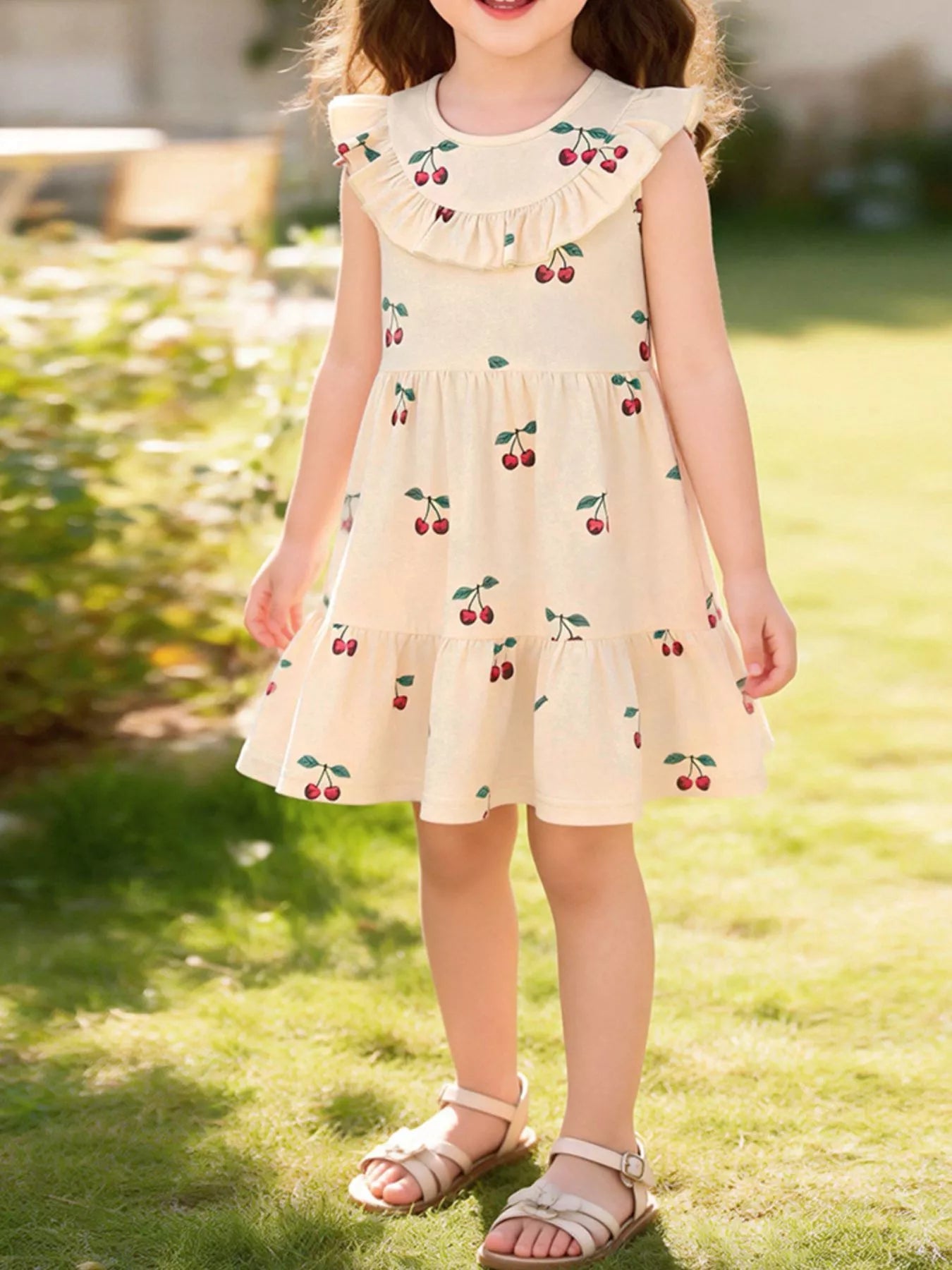 Children's Cherry Print Ruffle Neck Dress