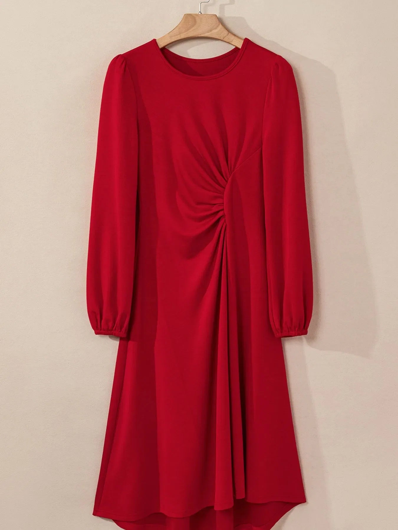Solid Color Ruched Detail Long Sleeve Midi Dress
