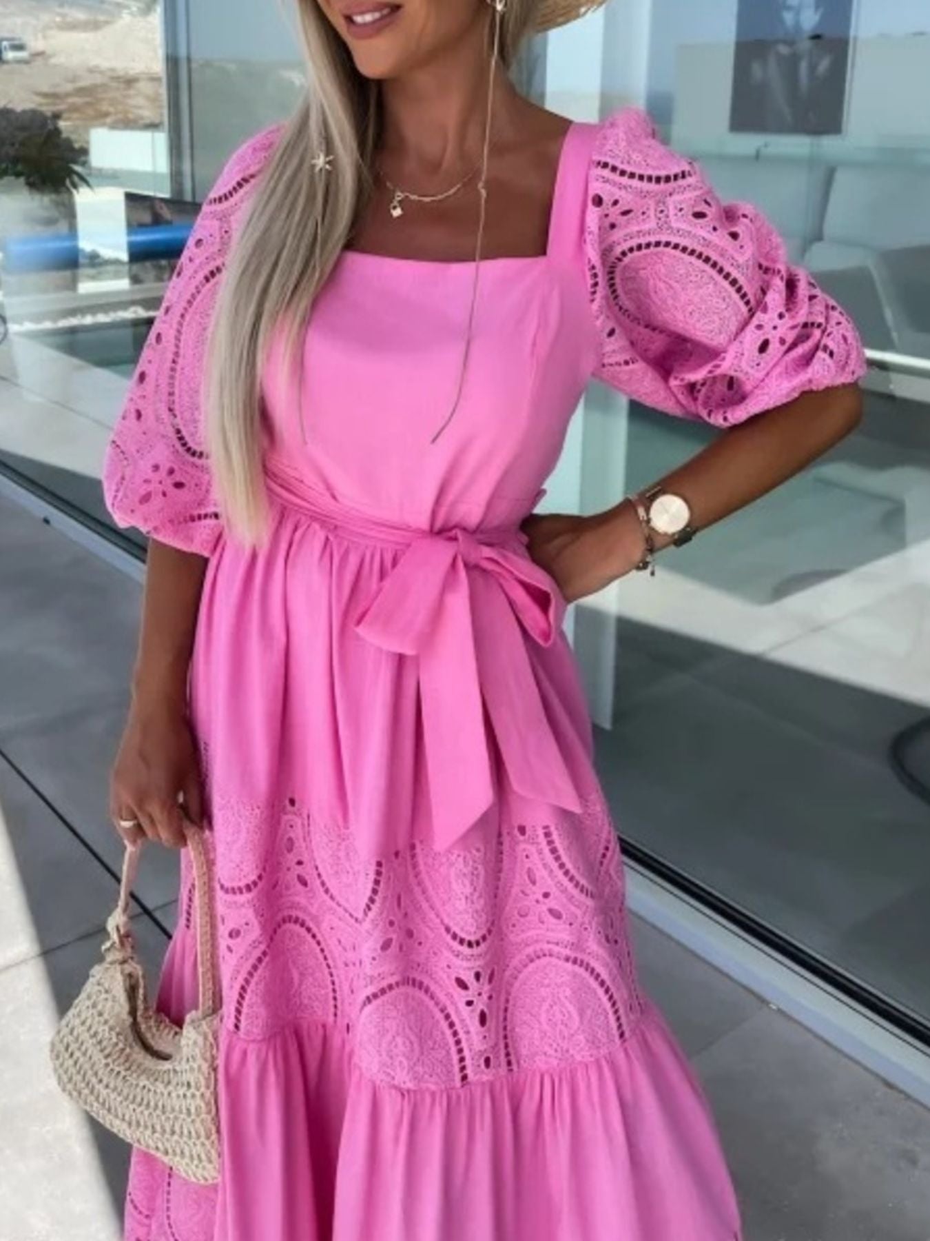 Lace Sleeve Belted Tiered Ruffled Maxi Dress