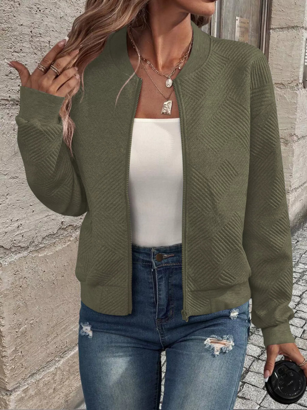 Texture Zip-Up Bomber Jacket
