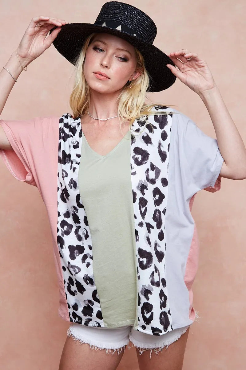 BiBi Cotton Span Knit With Leopard Color Block Top