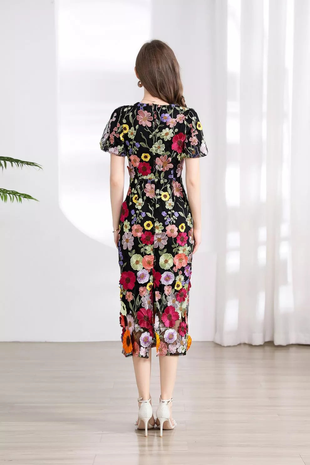 Floral Embroidered Puff Sleeve Midi Dress