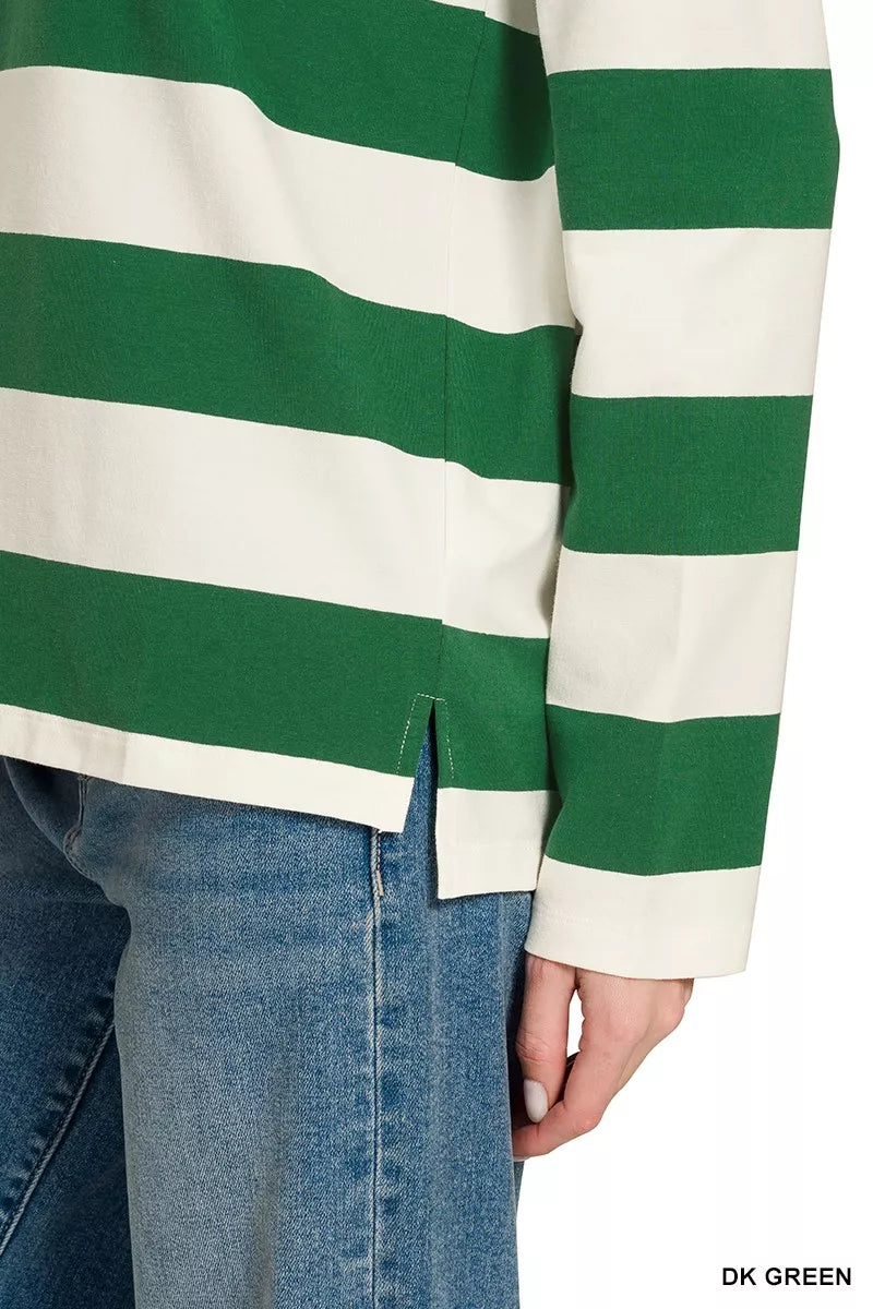 Zenana Striped Contrast Collar Polo Top