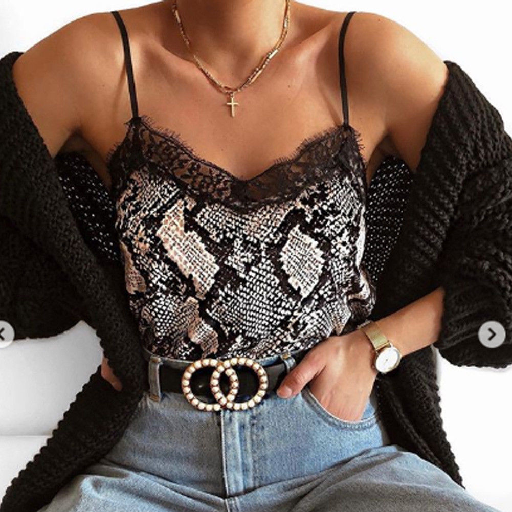 Womens Summer Sexy Casual V-Neck Sleeveless Button Leopard Print Lace Camisole Crop Top Vest Tank Tops