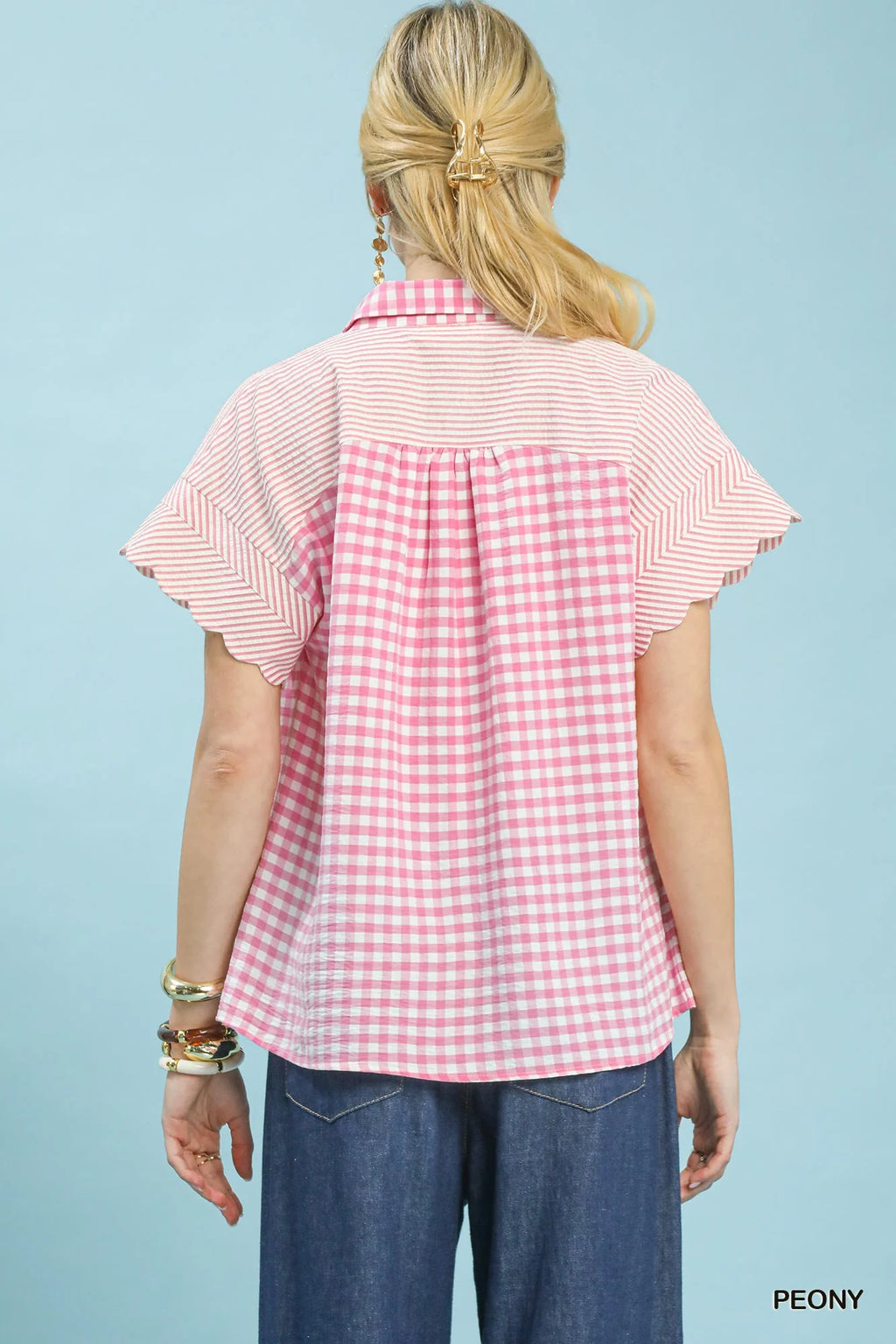 Umgee Mixed Gingham Short Sleeve Shirt