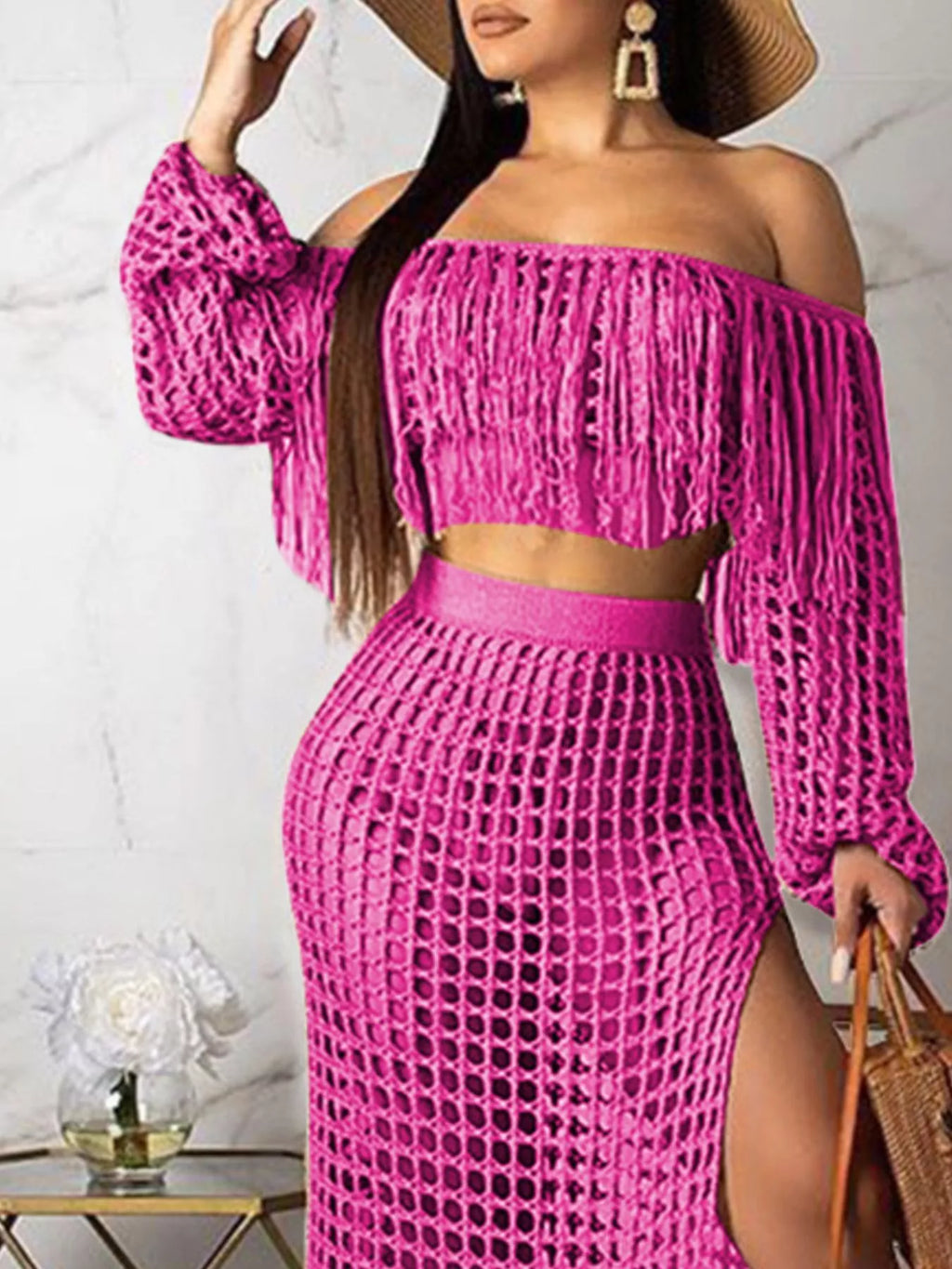 Full Size Crochet Off-Shoulder Fringe Top and Skirt Set Plus Size