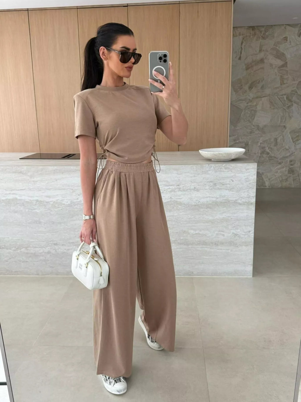 Drawstring Crop Top and Wide-Leg Pants Set