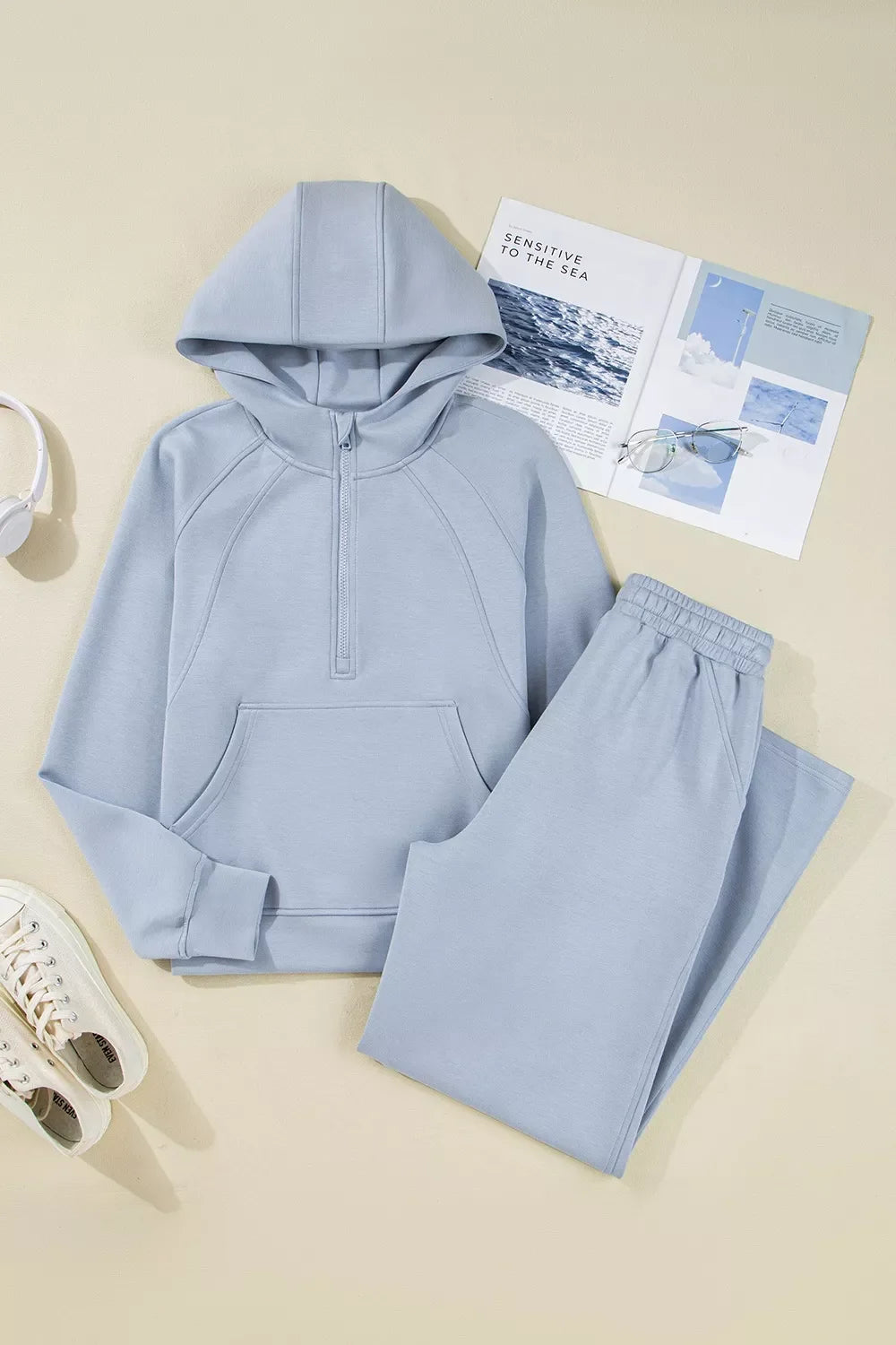 Half Zip Thumbhole Sleeve Hoodie and Pants 2pcs Outfit