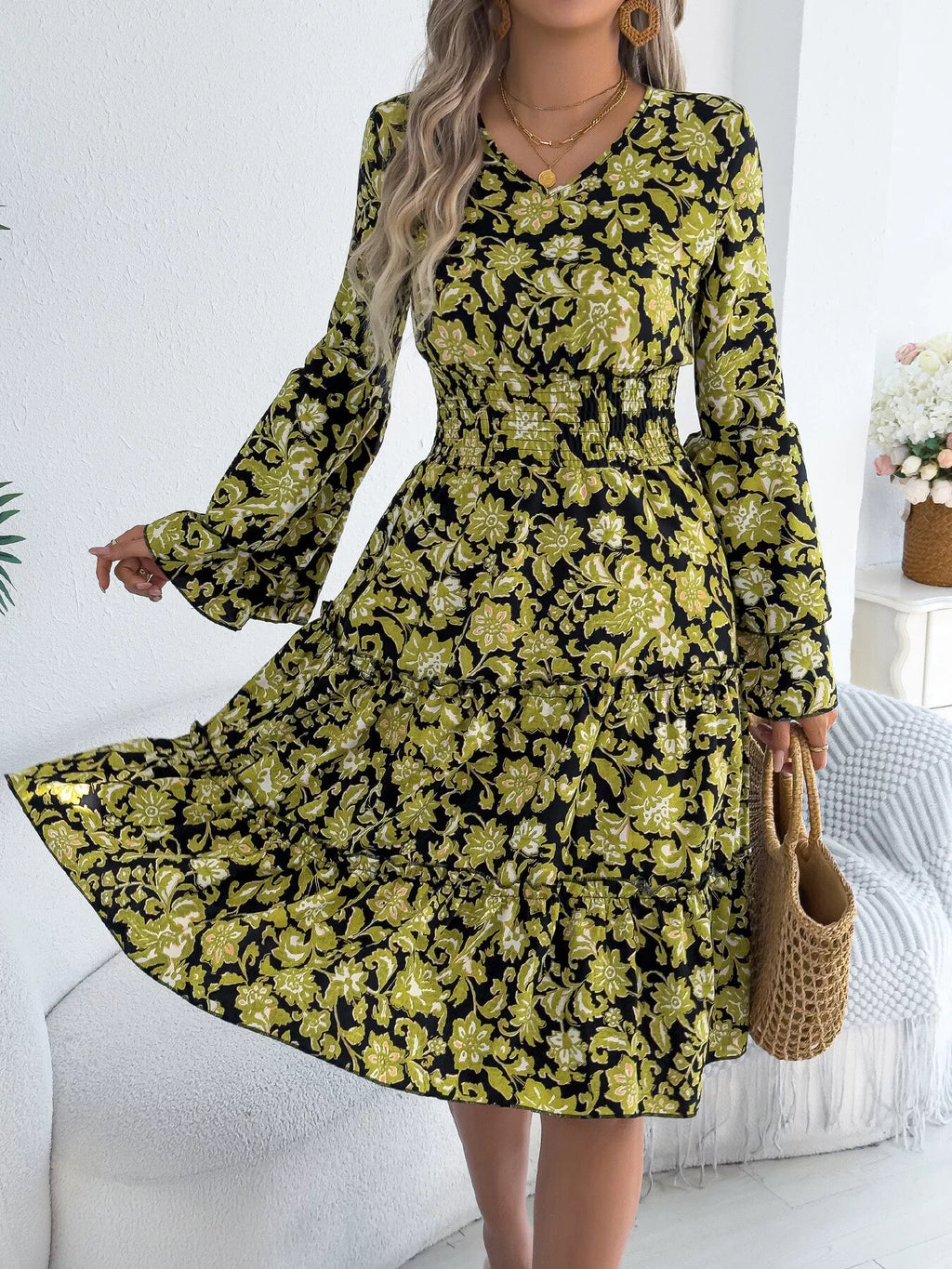 Floral Print Smocked Ruffle Hem Flared Sleeve Dress