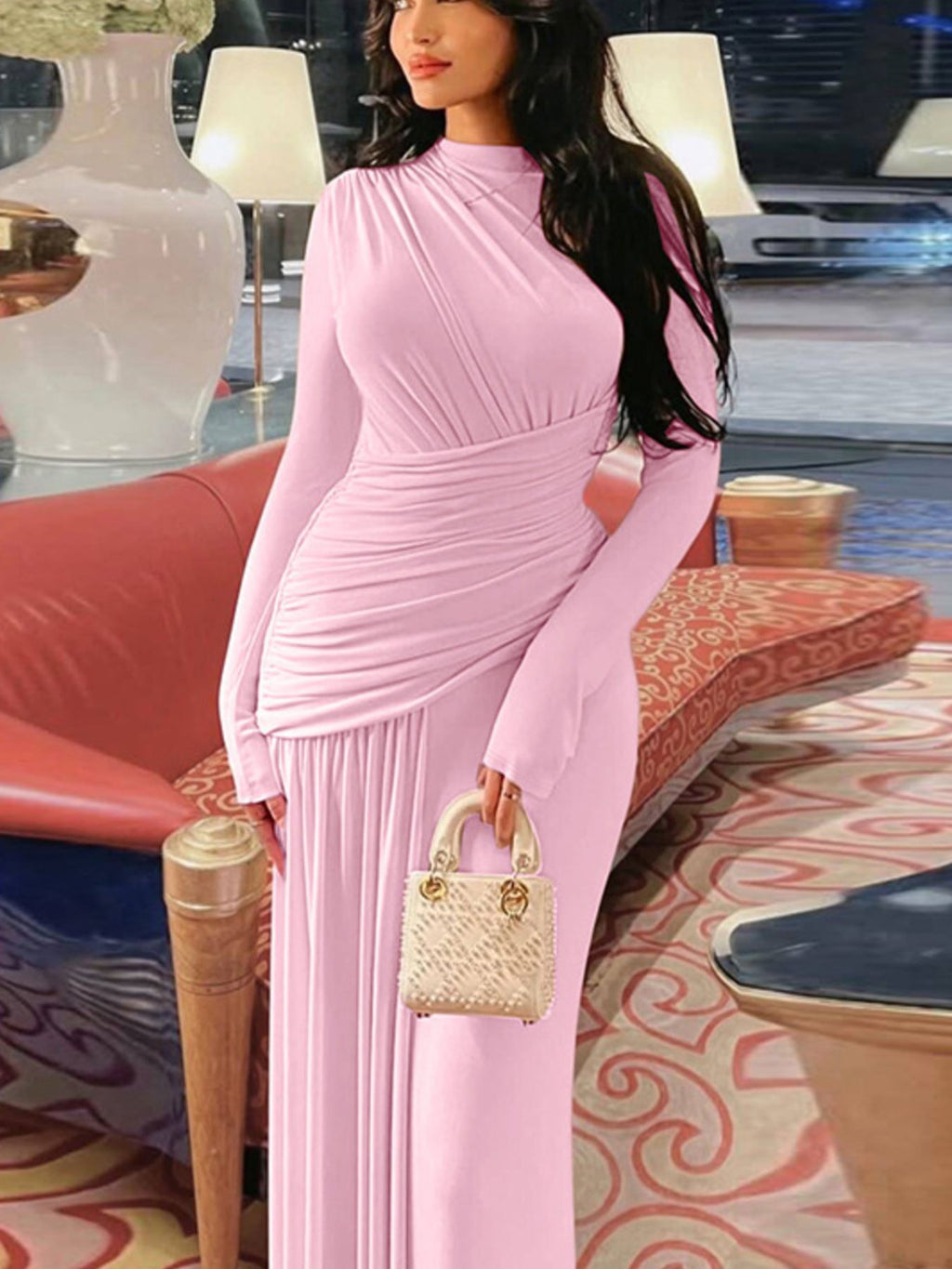 Ruched Long Sleeve Mermaid Maxi Dress