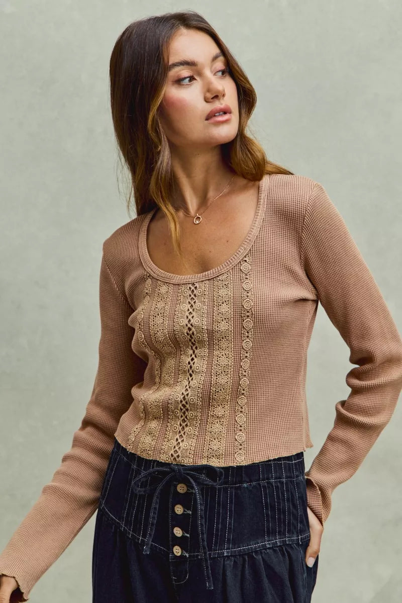 SO ME Vintage Washed Lace Crop Thermal Washed Knit Top